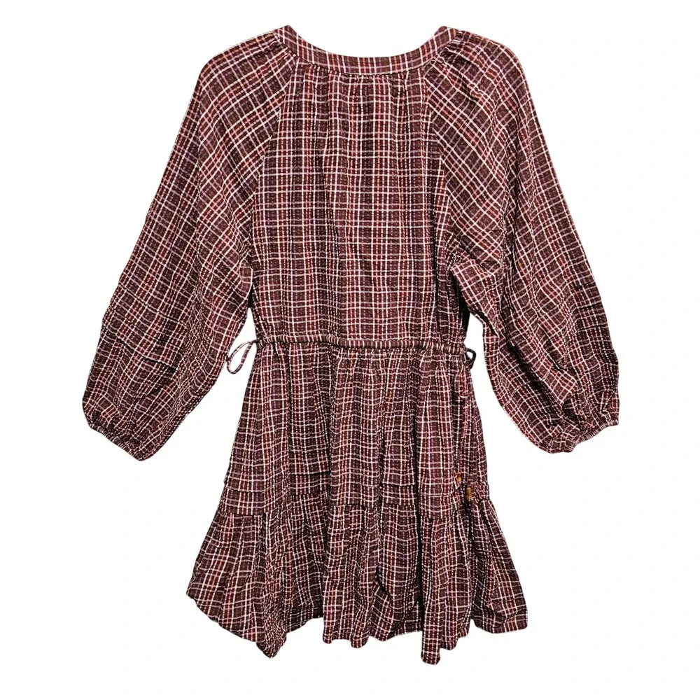 Madewell Seersucker Wrap Mini Dress Dark Red Tartan Merlot Size‎ Large NWT